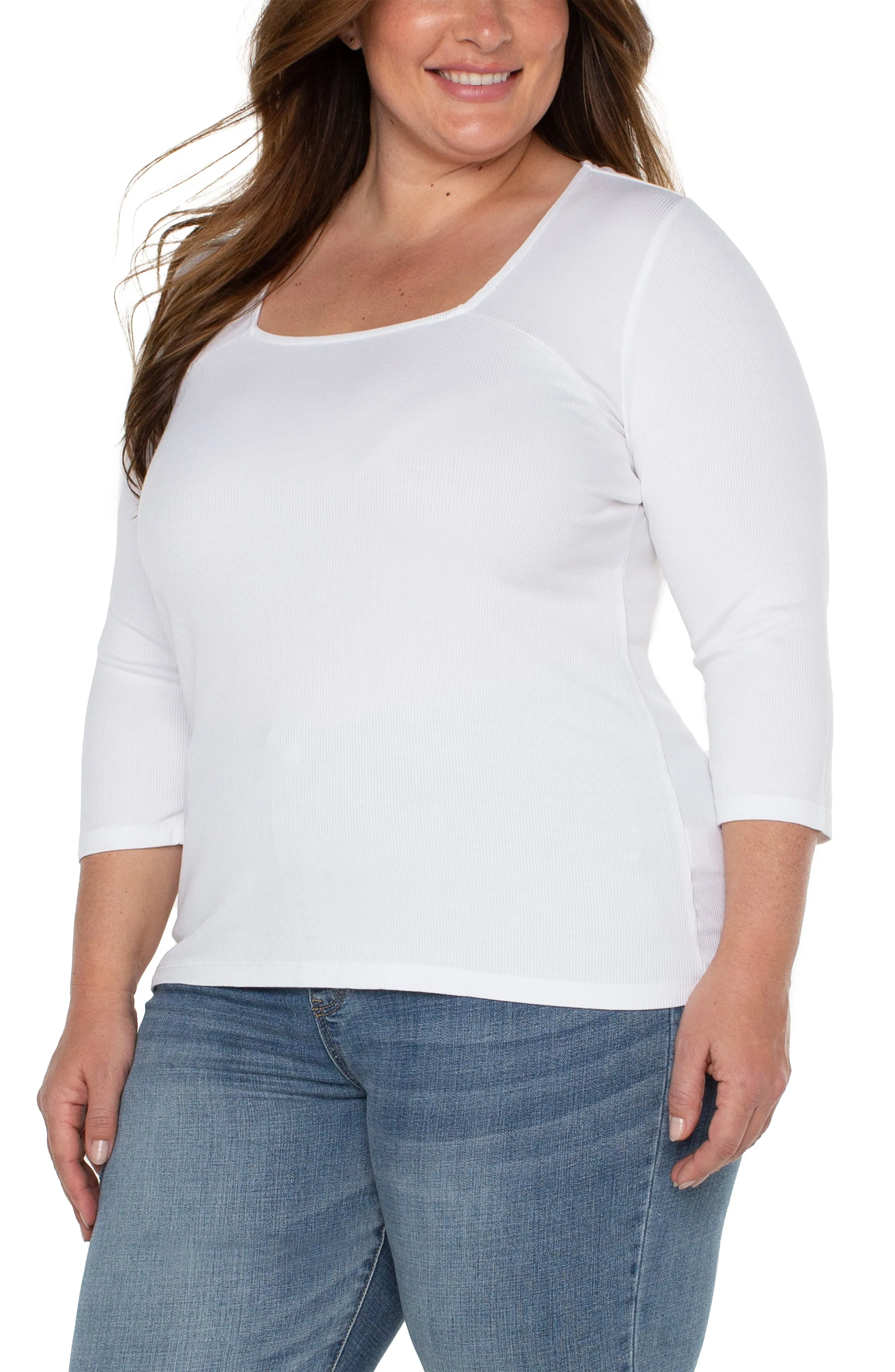 SQUARE NECK 3/4 SLEEVE RIB KNIT TOP