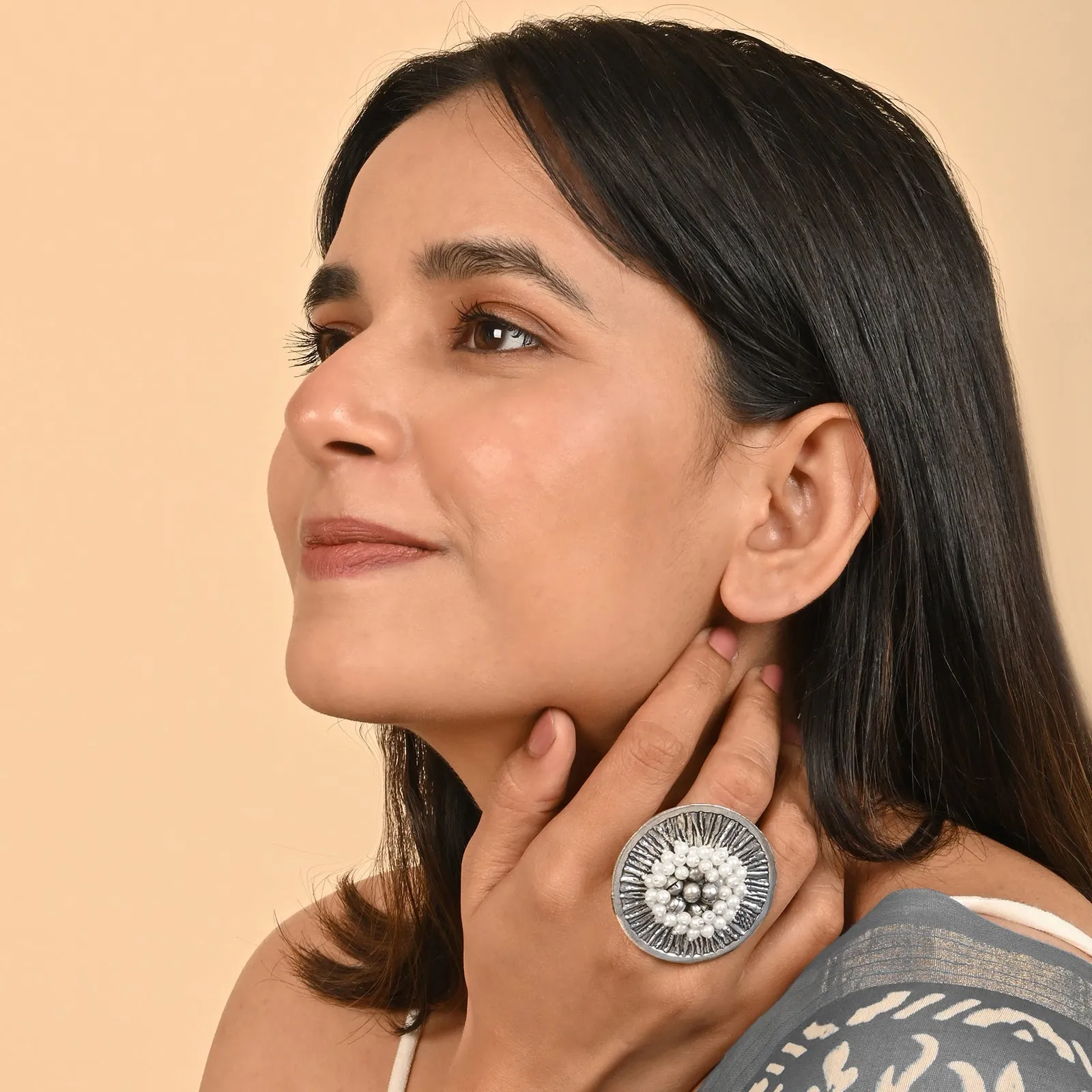 Teejh Aaratrika Pearl Silver Oxidized Ring