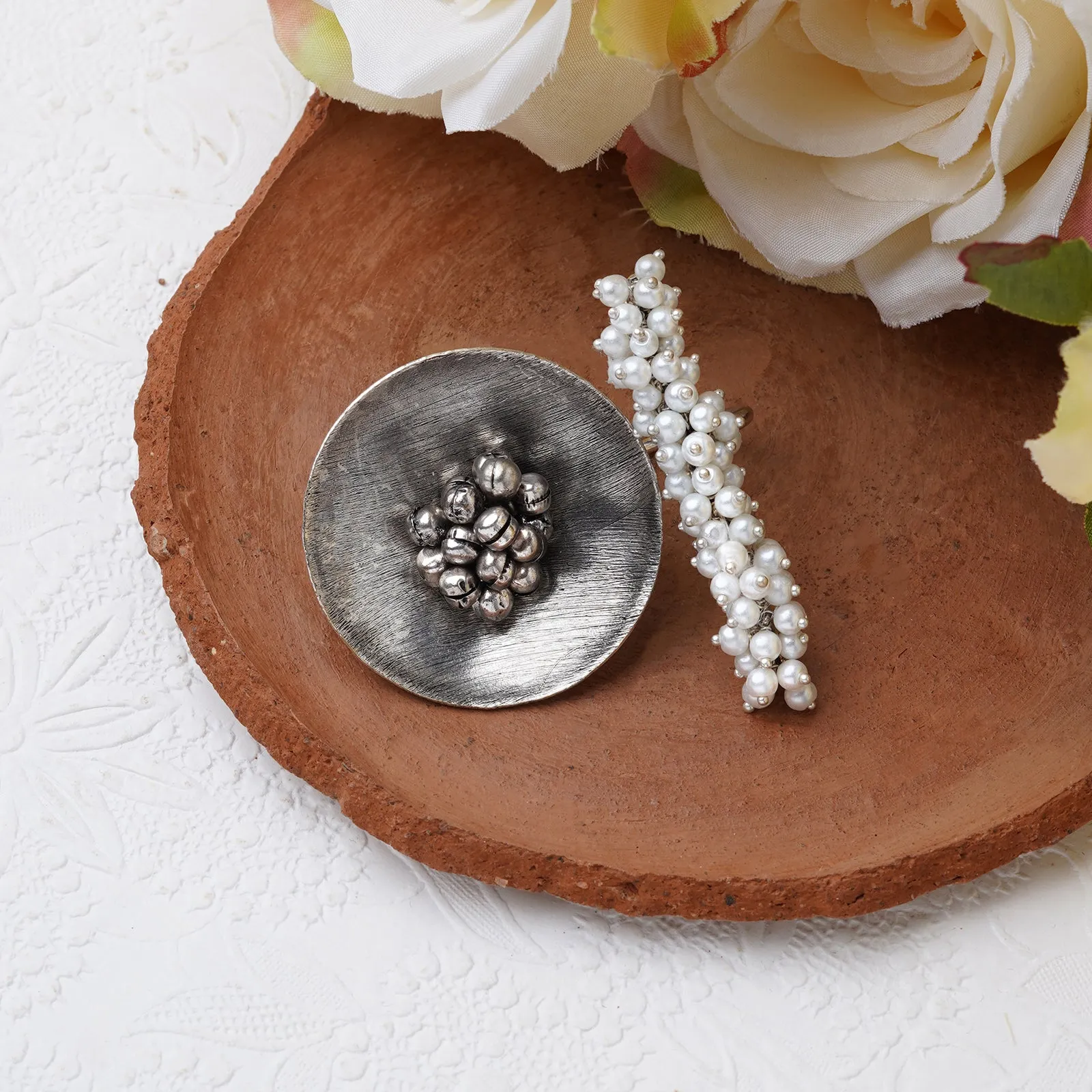 Teejh Aklima Pearl and Silver Oxidised Ring