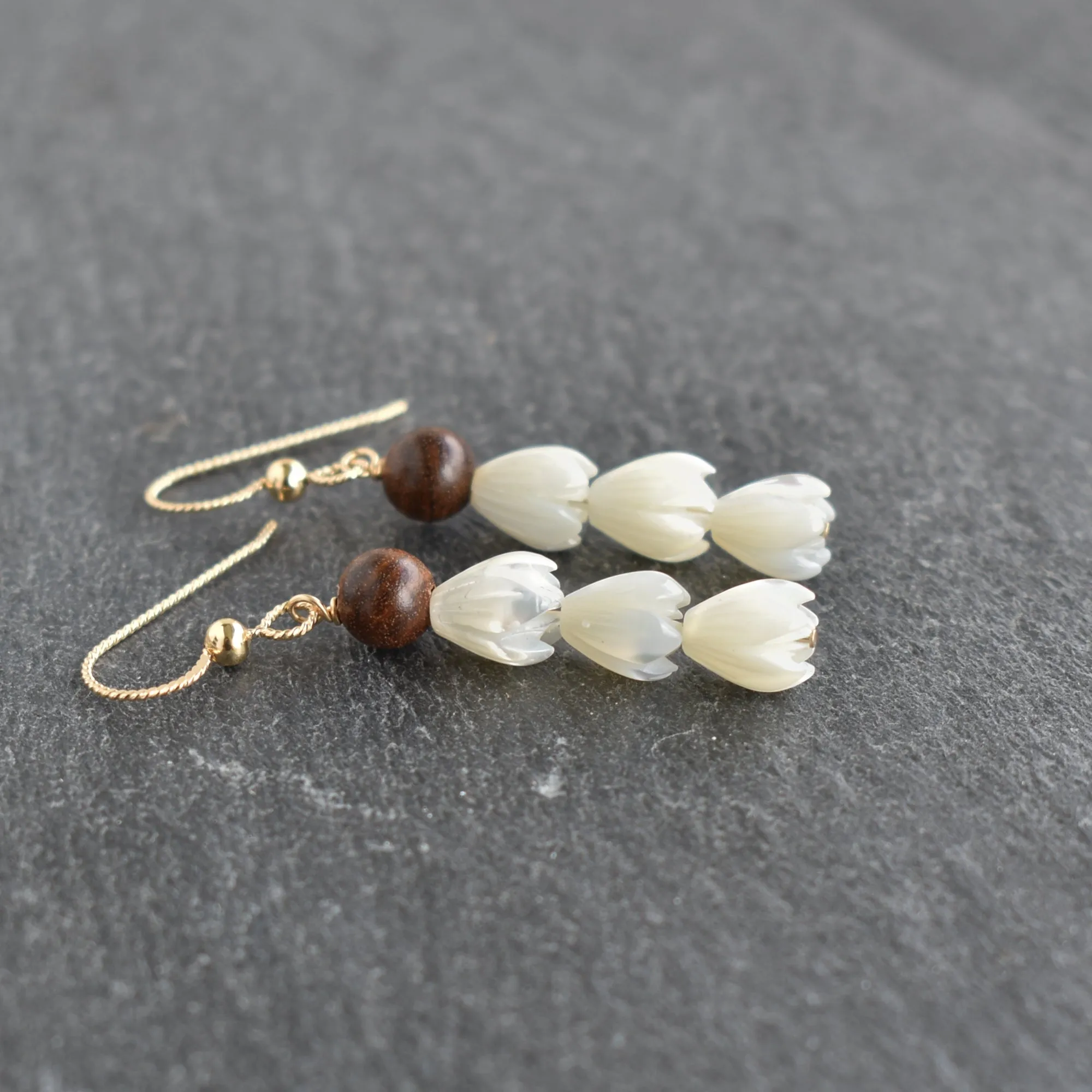 Triple 8mm Pikake with Rosewood Earrings