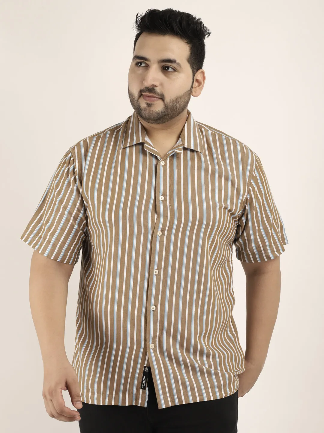 Vivid cotton Khaki Half Sleeves Plus Size Shirt