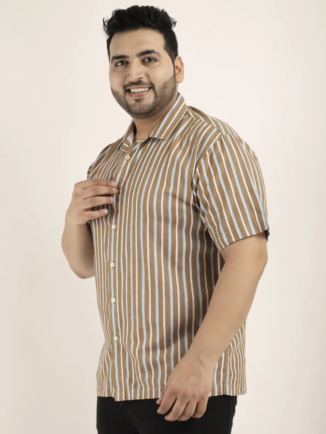 Vivid cotton Khaki Half Sleeves Plus Size Shirt