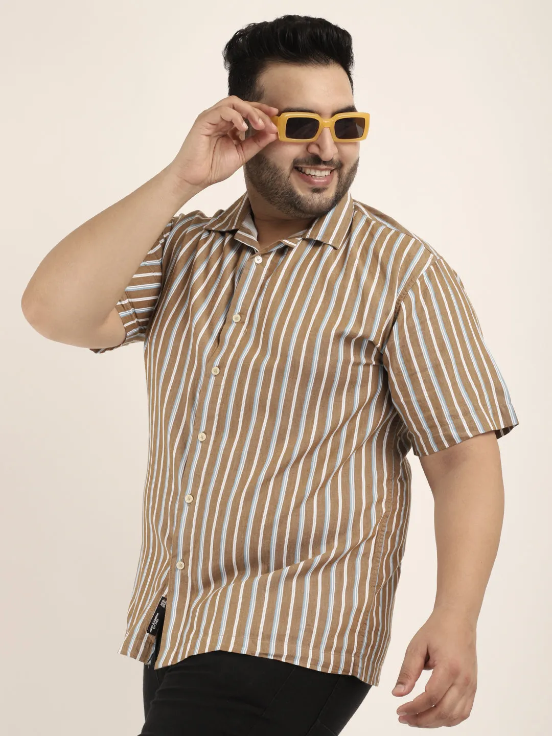 Vivid cotton Khaki Half Sleeves Plus Size Shirt