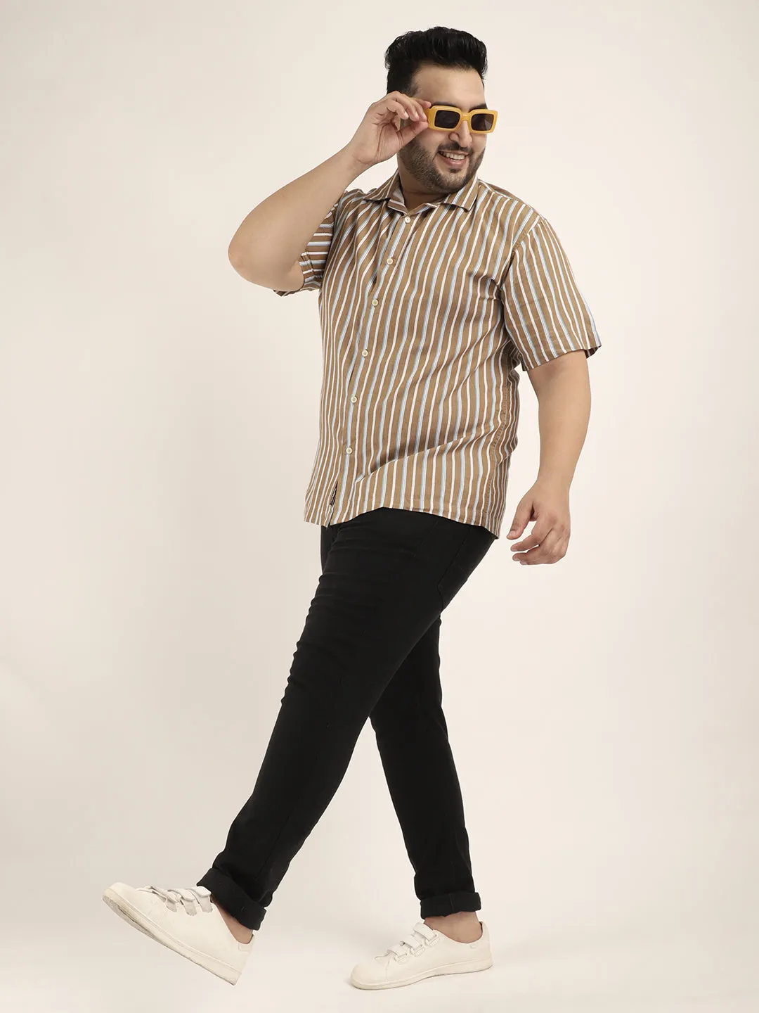 Vivid cotton Khaki Half Sleeves Plus Size Shirt