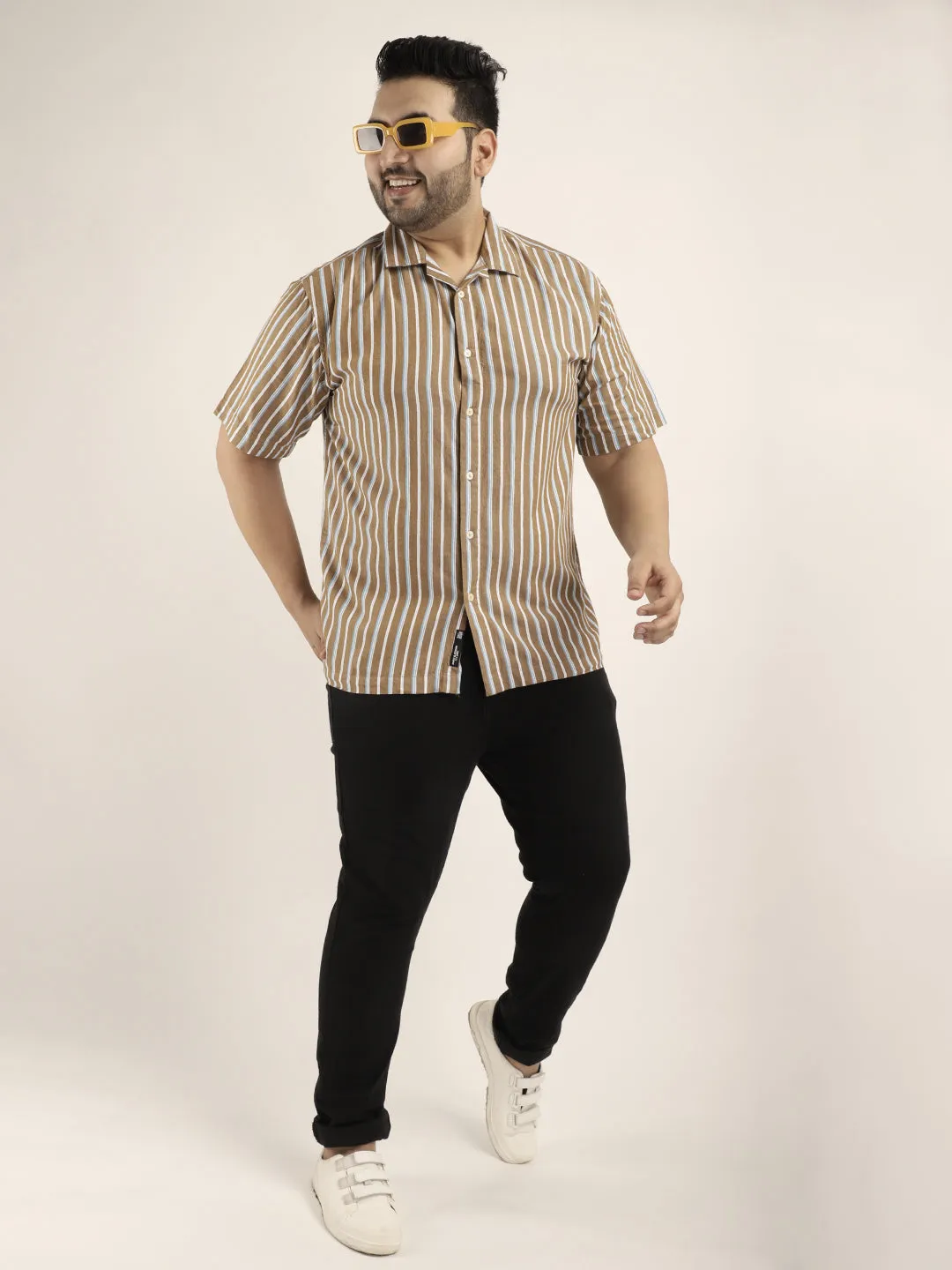 Vivid cotton Khaki Half Sleeves Plus Size Shirt