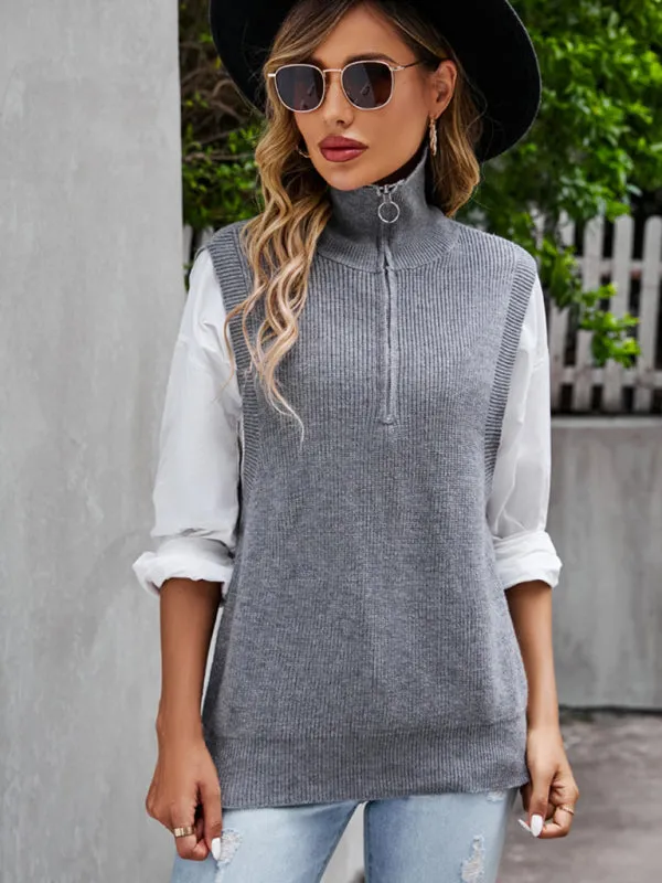 Women's Knitted Sleeveless High Neck Jumper With Half Zip Front