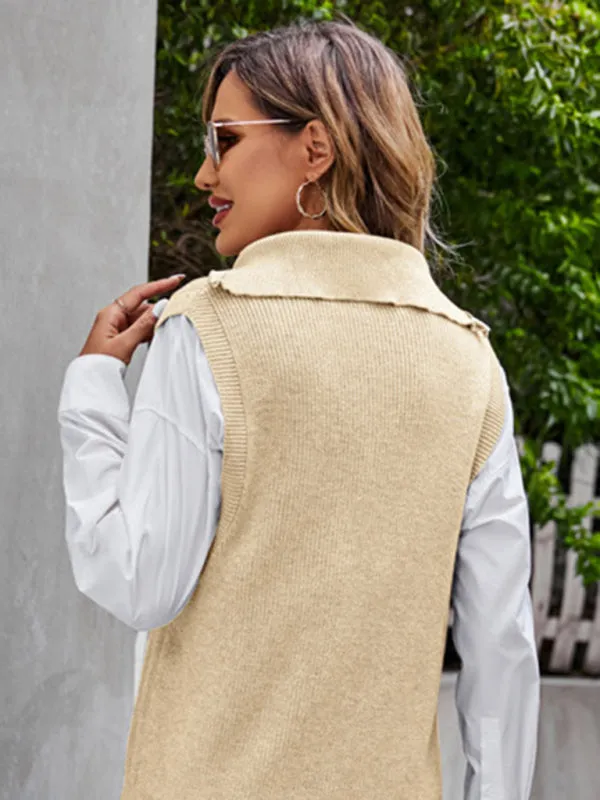 Women's Knitted Sleeveless High Neck Jumper With Half Zip Front