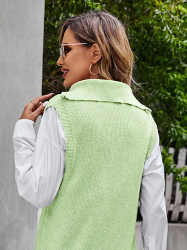 Women's Knitted Sleeveless High Neck Jumper With Half Zip Front
