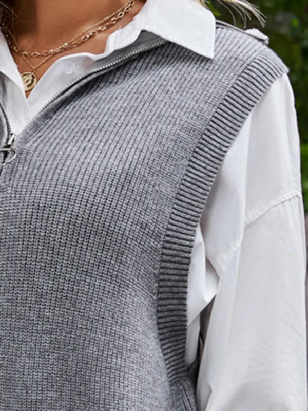 Women's Knitted Sleeveless High Neck Jumper With Half Zip Front