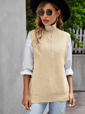 Women's Knitted Sleeveless High Neck Jumper With Half Zip Front