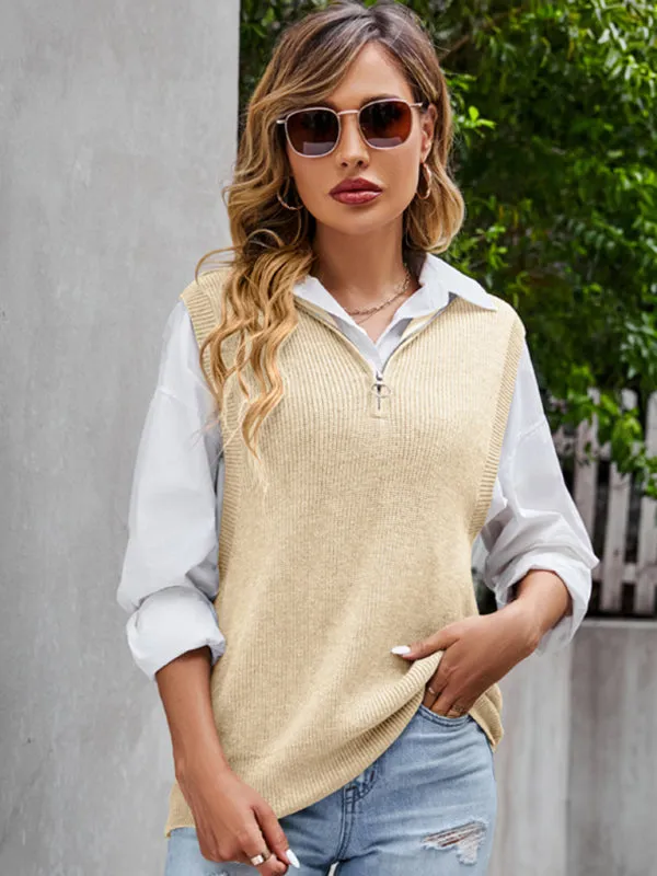 Women's Knitted Sleeveless High Neck Jumper With Half Zip Front