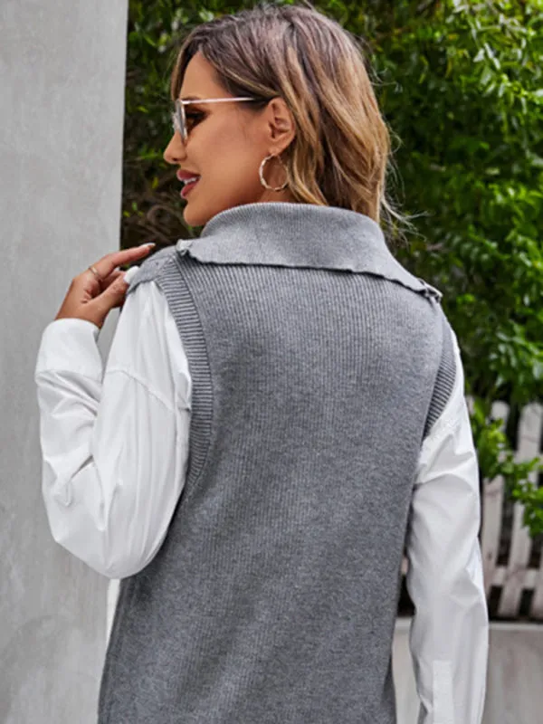Women's Knitted Sleeveless High Neck Jumper With Half Zip Front