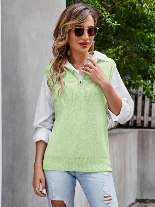 Women's Knitted Sleeveless High Neck Jumper With Half Zip Front