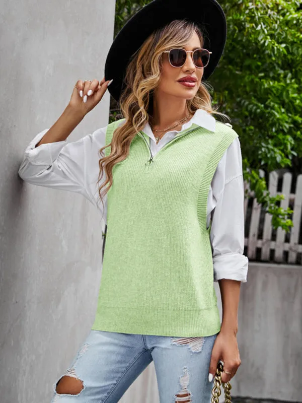 Women's Knitted Sleeveless High Neck Jumper With Half Zip Front