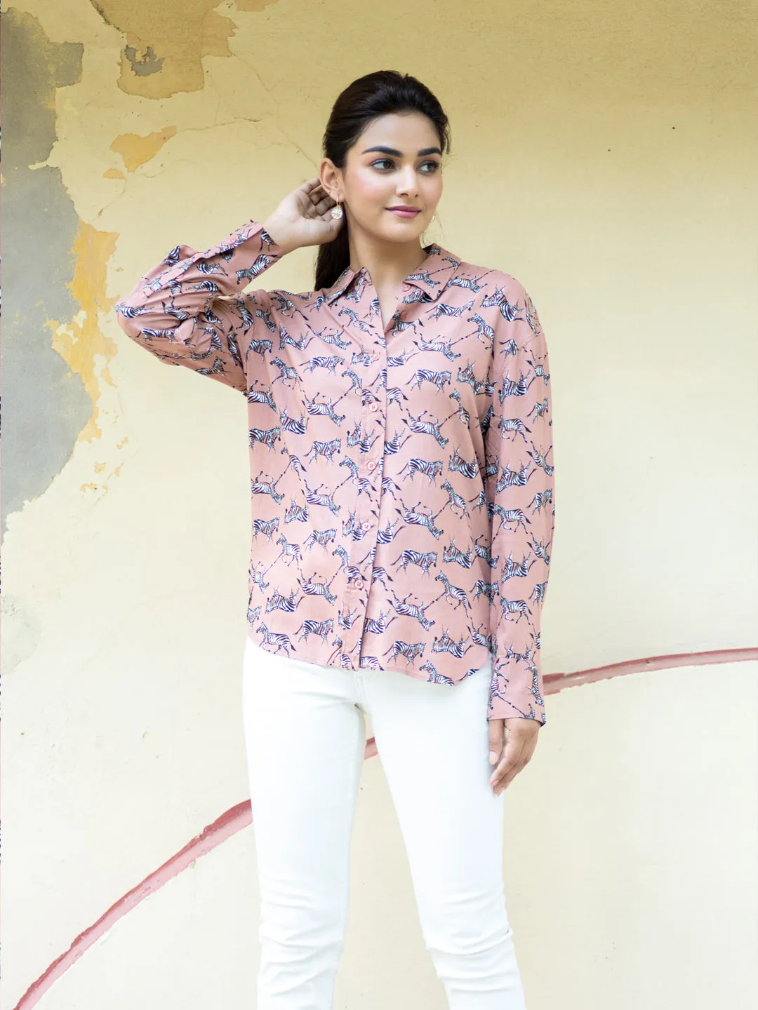 Zebra Printed Oversized Cotton Shirt
