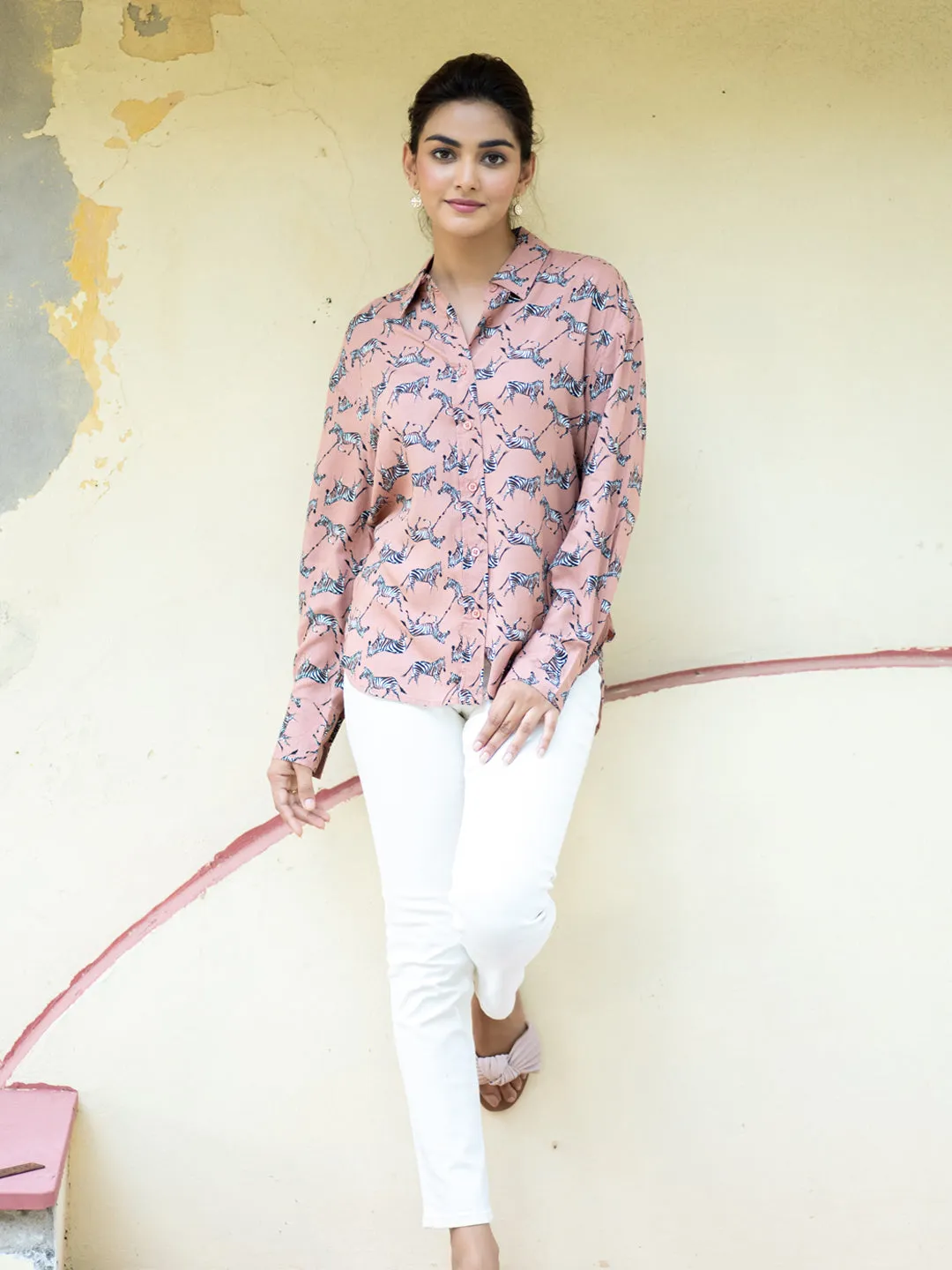 Zebra Printed Oversized Cotton Shirt